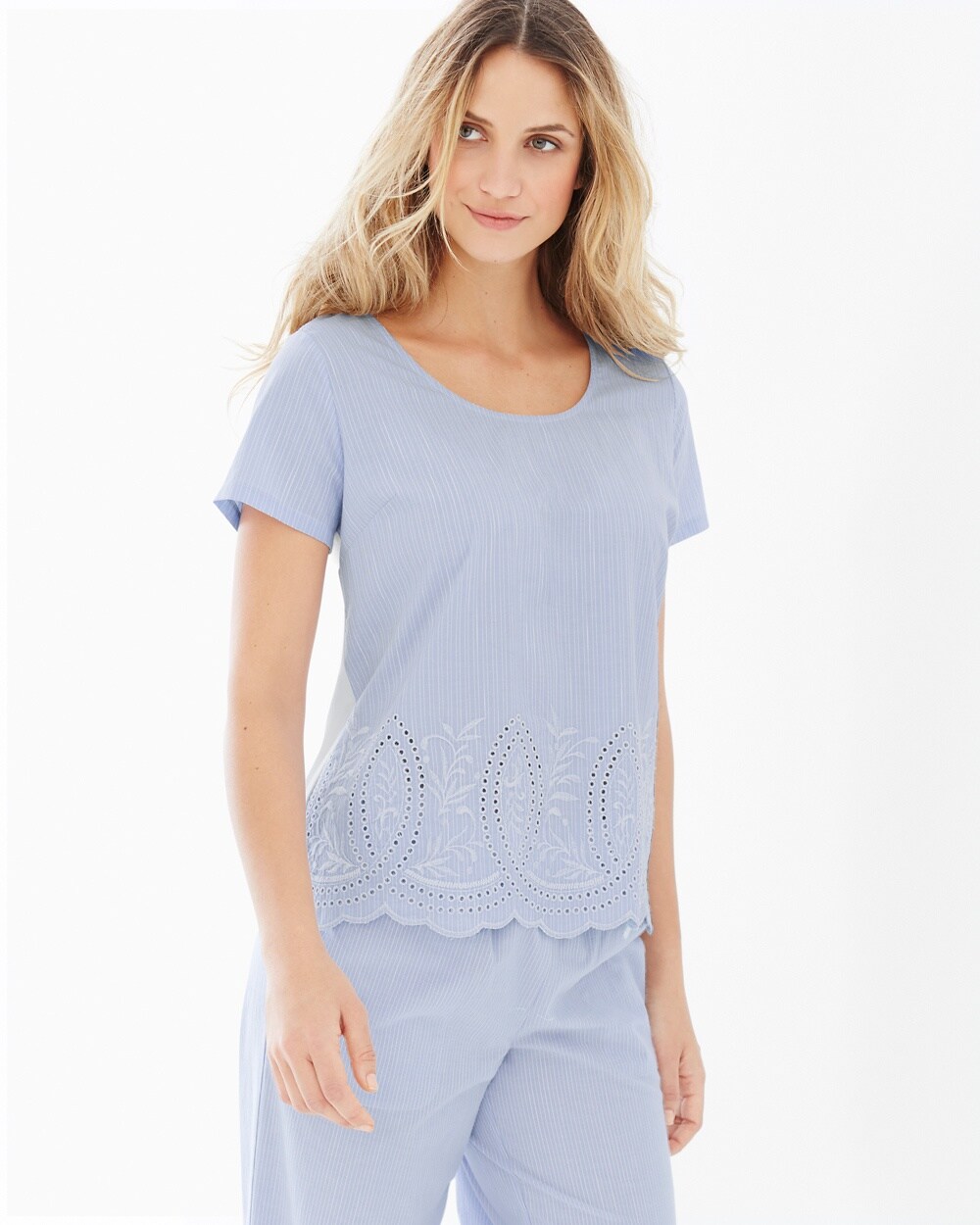 Cool Nights and Cotton Short Sleeve Pajama Top Impeccable Larkspur Border