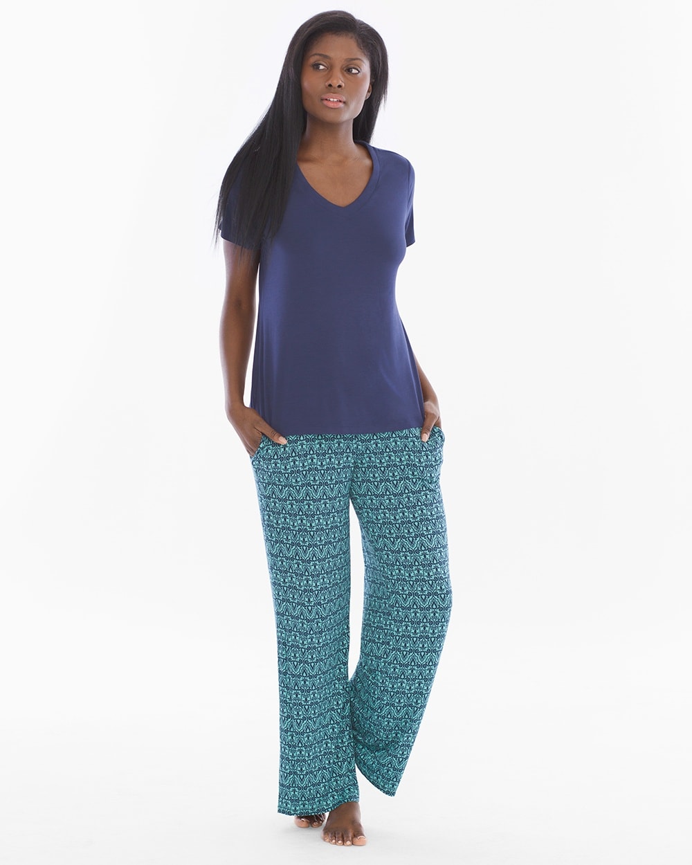 Cool Nights Short Sleeve/Pants Pajama Set Arched Scroll Teal