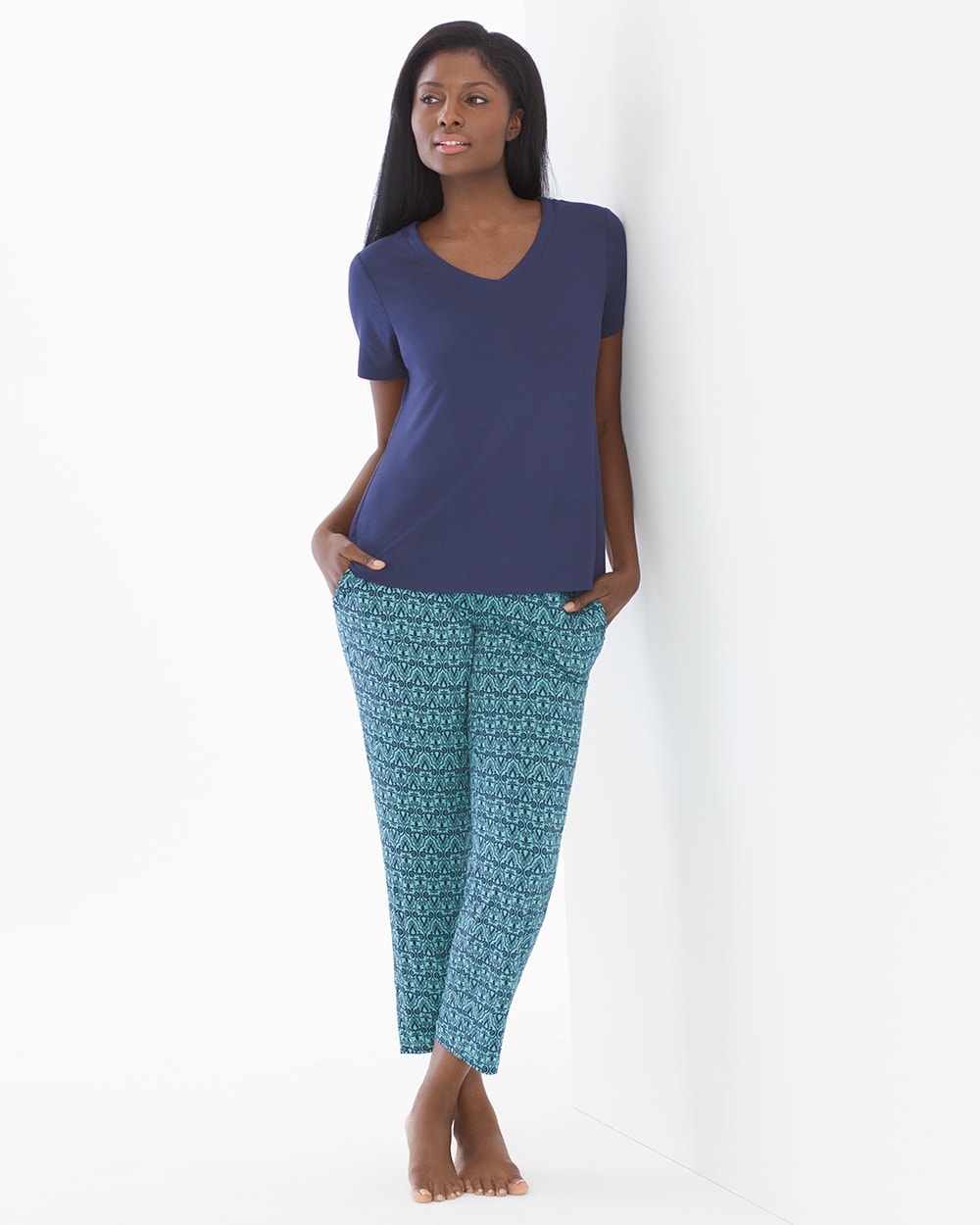 Cool Nights Short Sleeve-Ankle Pants Pajama Set Arched Scroll Teal
