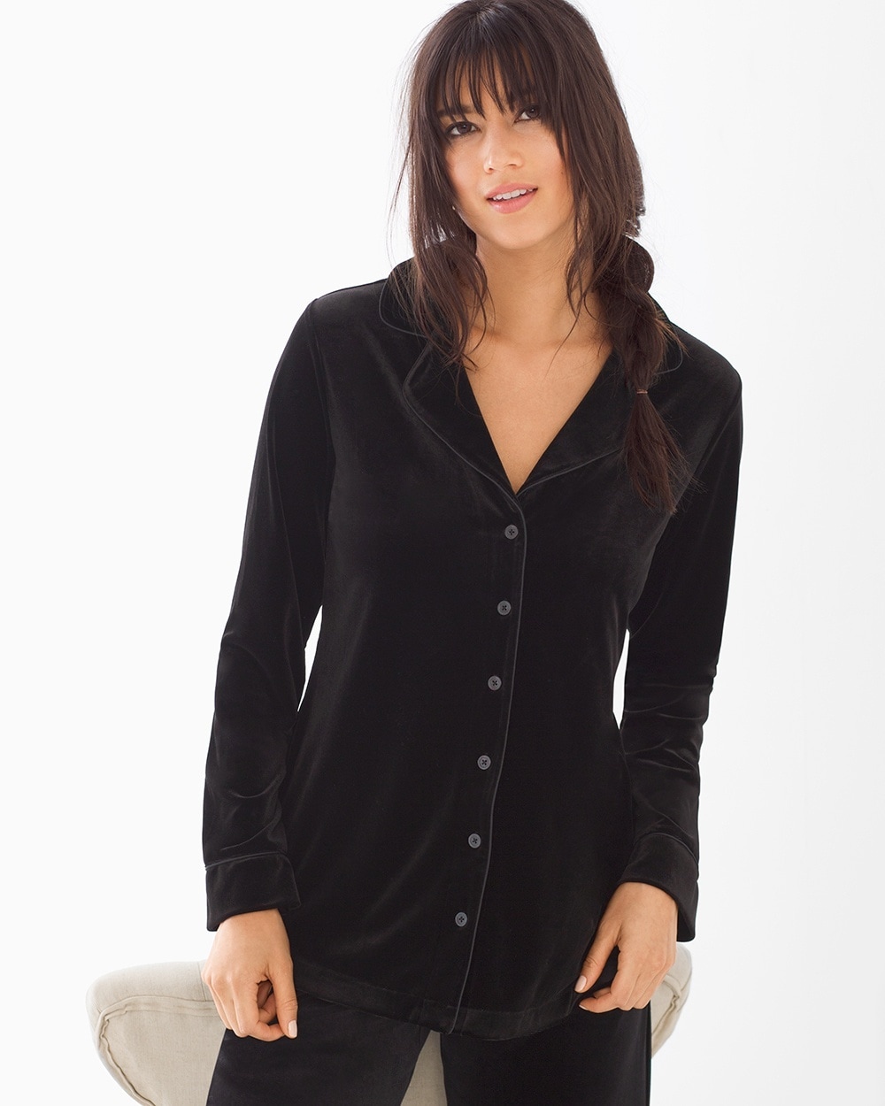 Velvet Long Sleeve Notch Collar Pajama Top Black