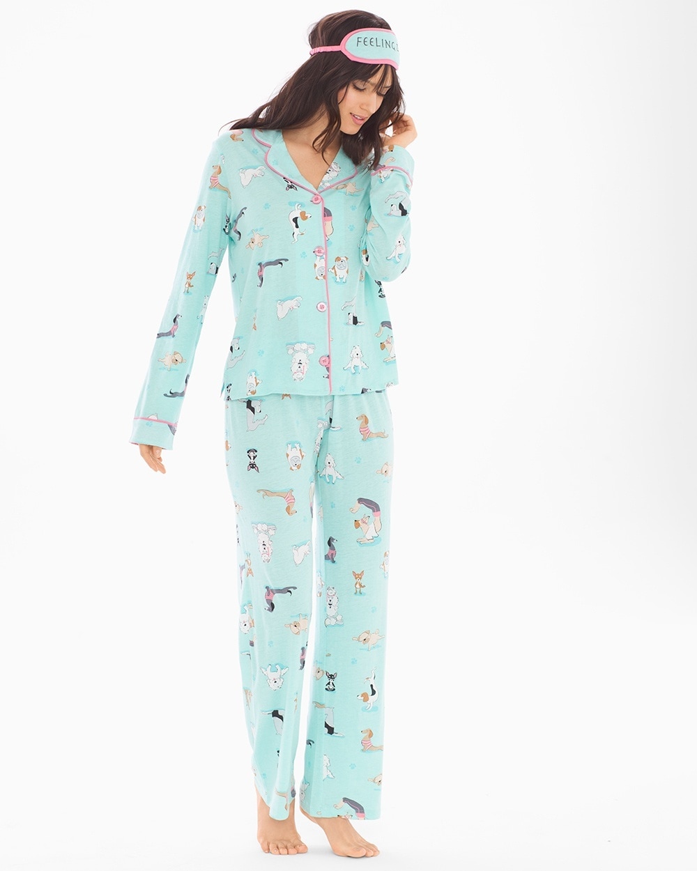 P.J. Salvage Playful Prints Long Sleeve Cotton Blend Pajama Set with Eye Mask Seafoam