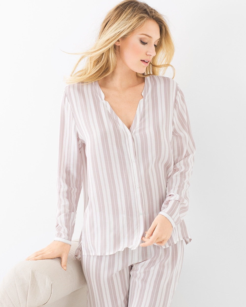 Hanro Lara Long Sleeve Pajama Top Jaquard Stripe