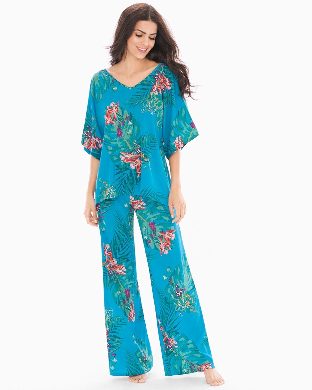 Crepe De Chine Short Sleeve Chiffon Pajama Set Glamour Foliage Blue Sea