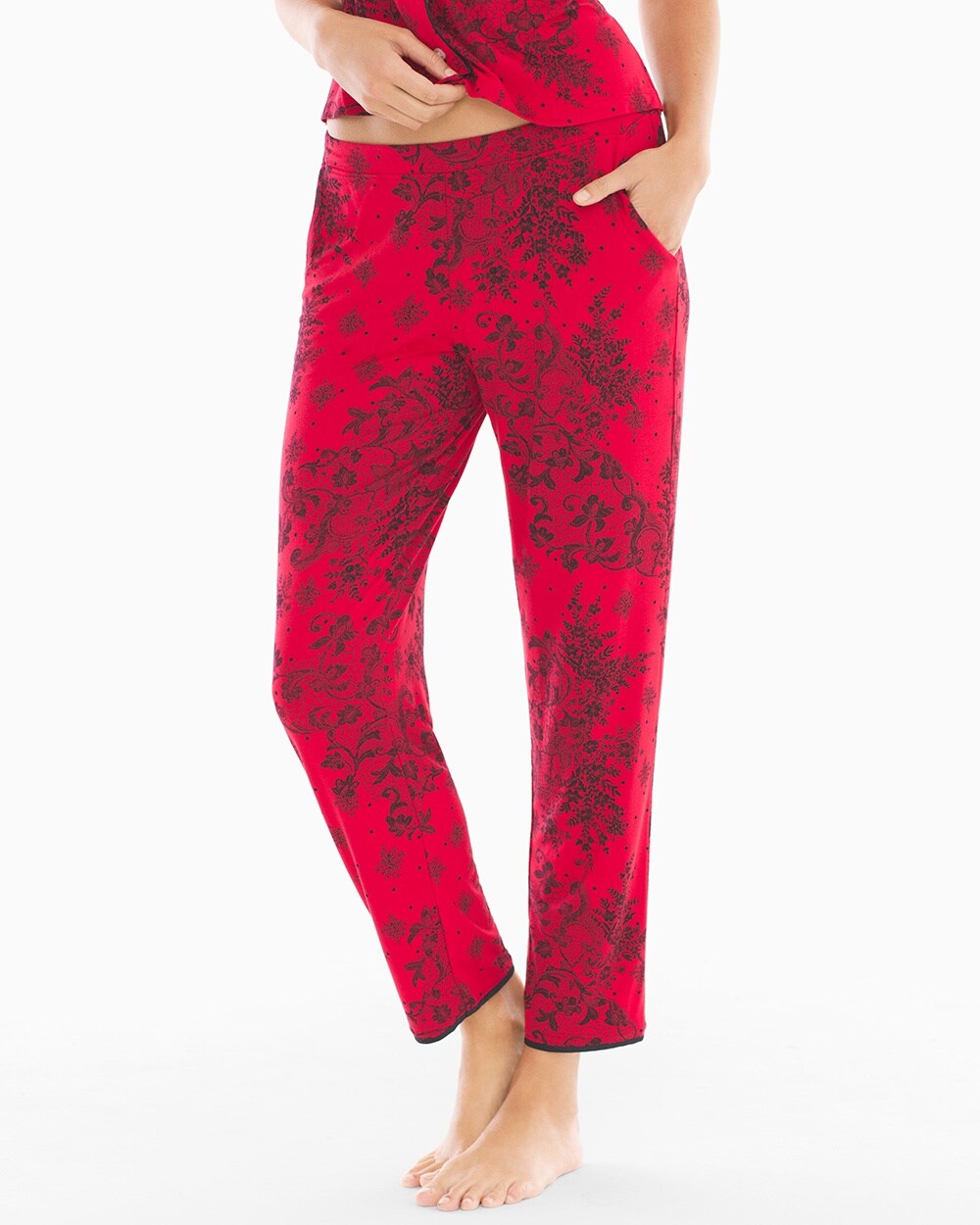 Cool Nights Satin Trim Pajama Ankle Pant Fine Lace Festive Red