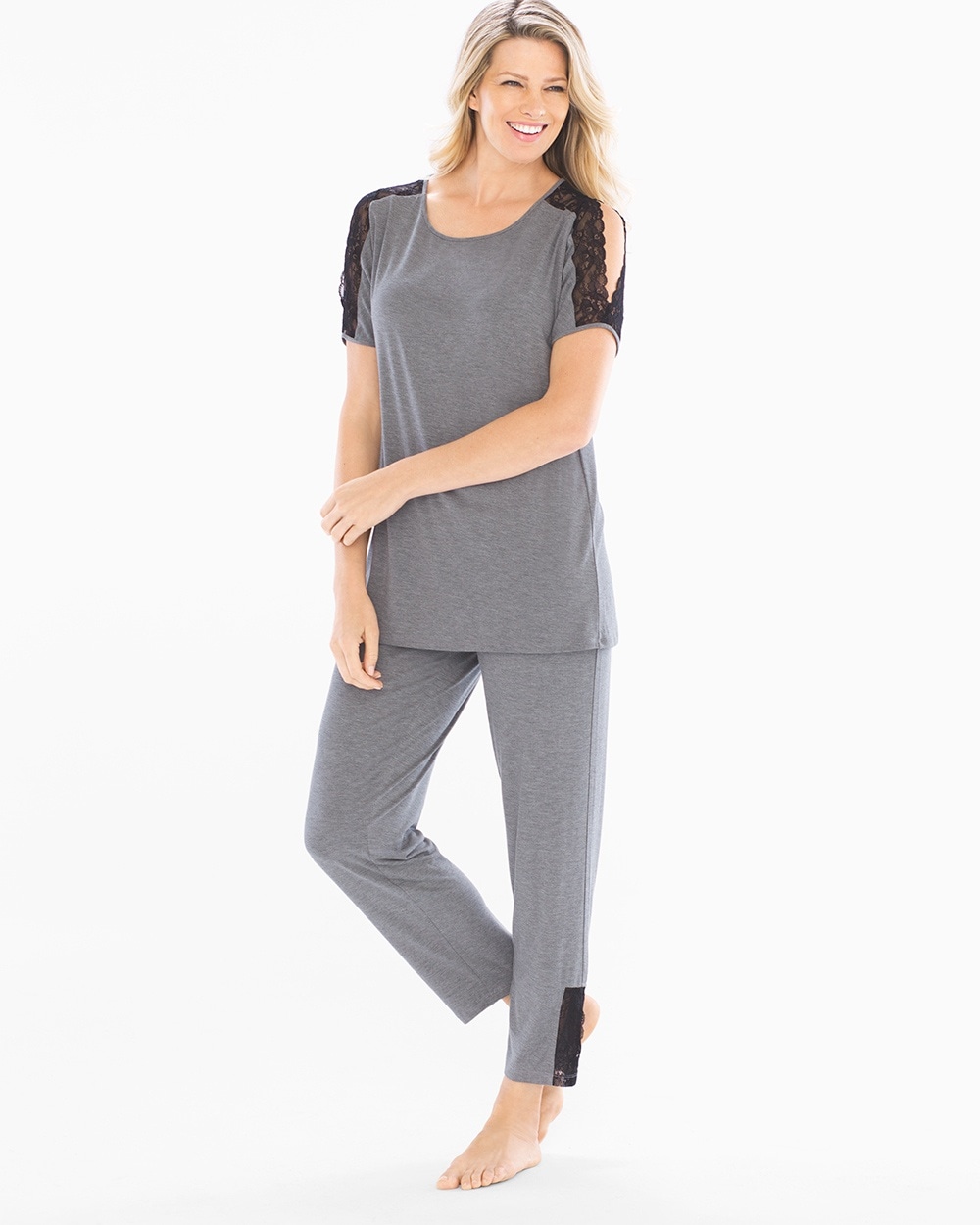 Cool Nights Lace Trim Short Sleeve Tee and Ankle Pants Pajama Set Heather Graphite