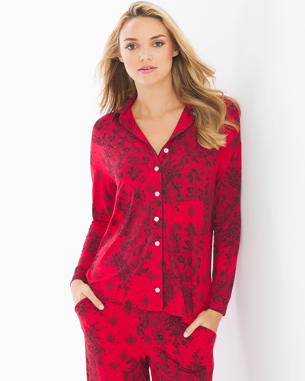 Cool Nights Long Sleeve Notch Collar Pajama Top Fine Lace Festive Red