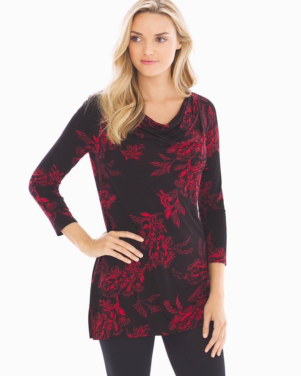 Soft Jersey Cowl Neck Tunic Dazzling Floral Red