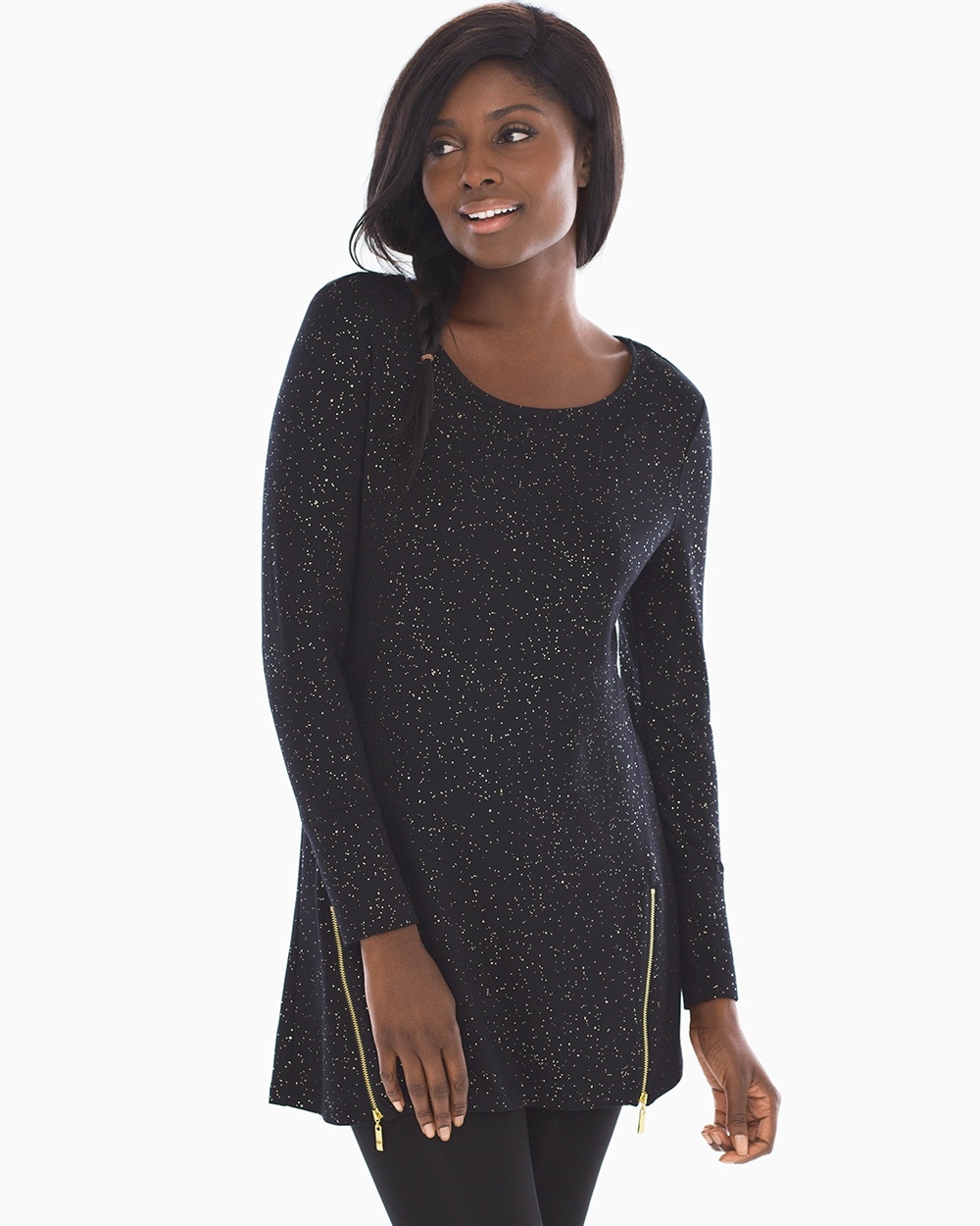 French Terry Zipper Detail Tunic  Glittered Black