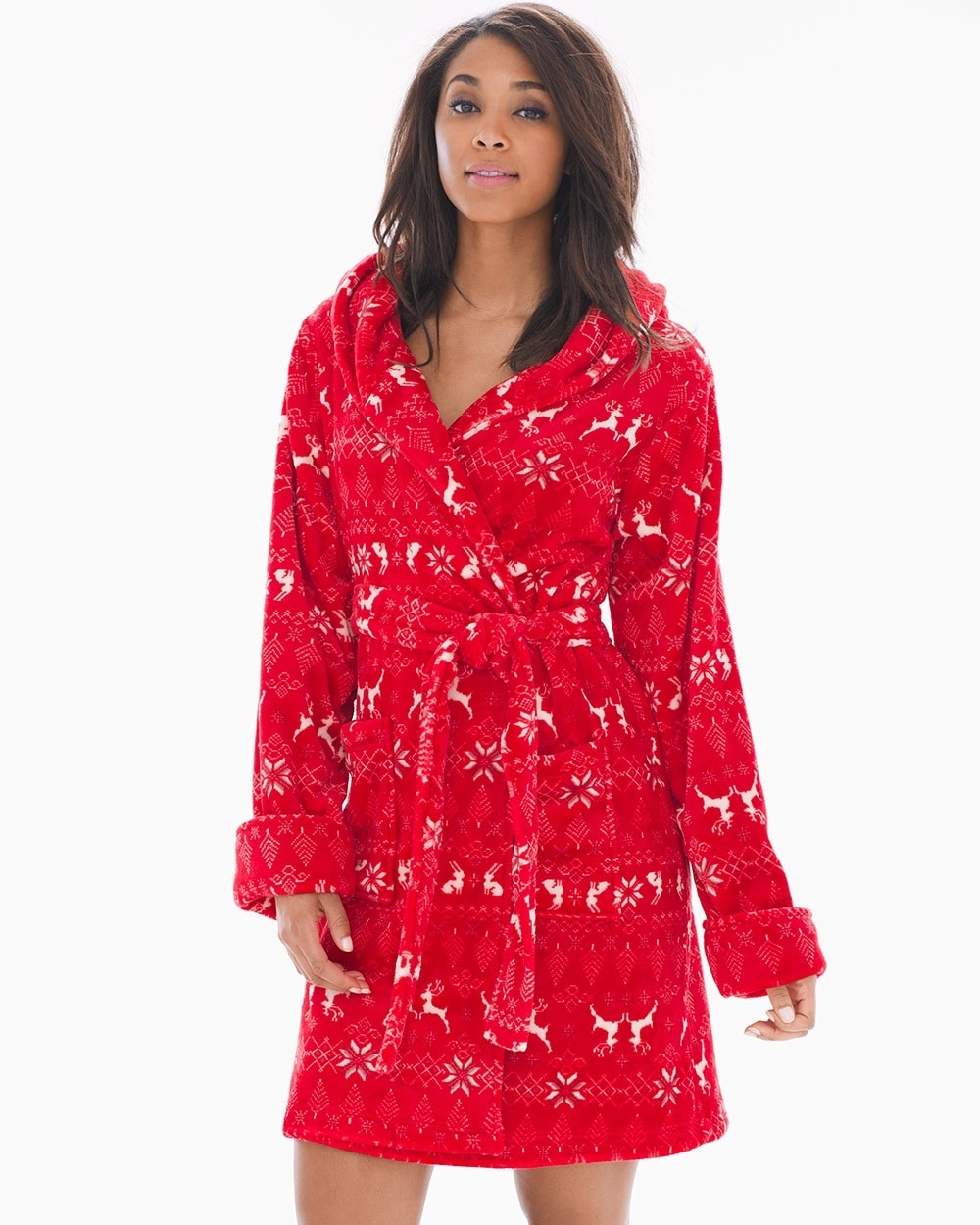 Embraceable Short Plush Robe Cozy Stitch Festive Red