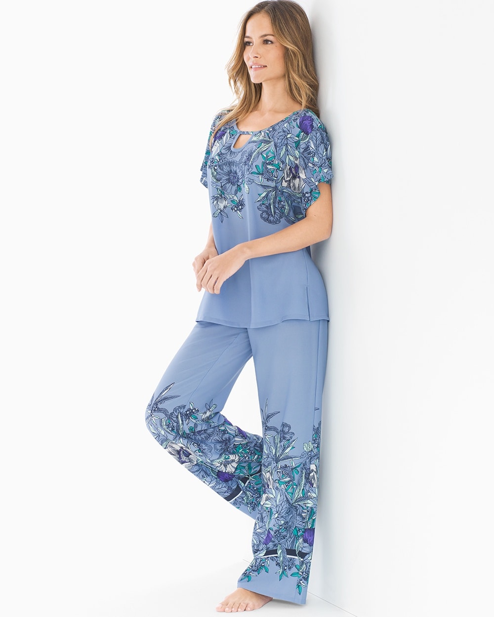 Crepe De Chine Short Sleeve Chiffon Pajama Set Romantic Blooms Blue