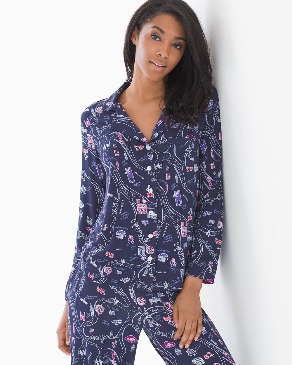 Cool Nights Long Sleeve Notch Collar Pajama Top Maps Navy