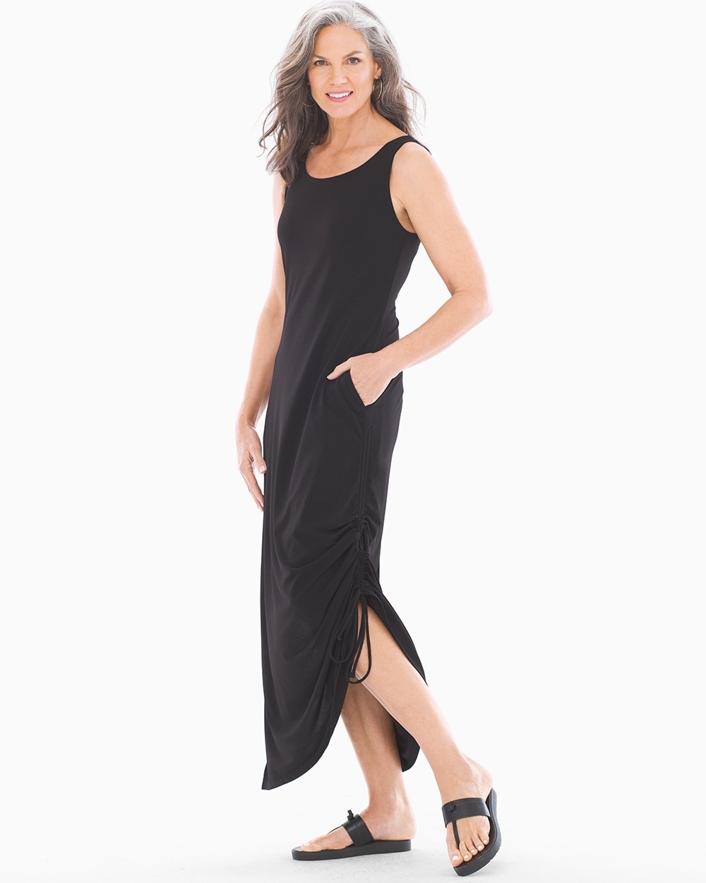 Crepe Drawcord Sleeveless Maxi Dress Black