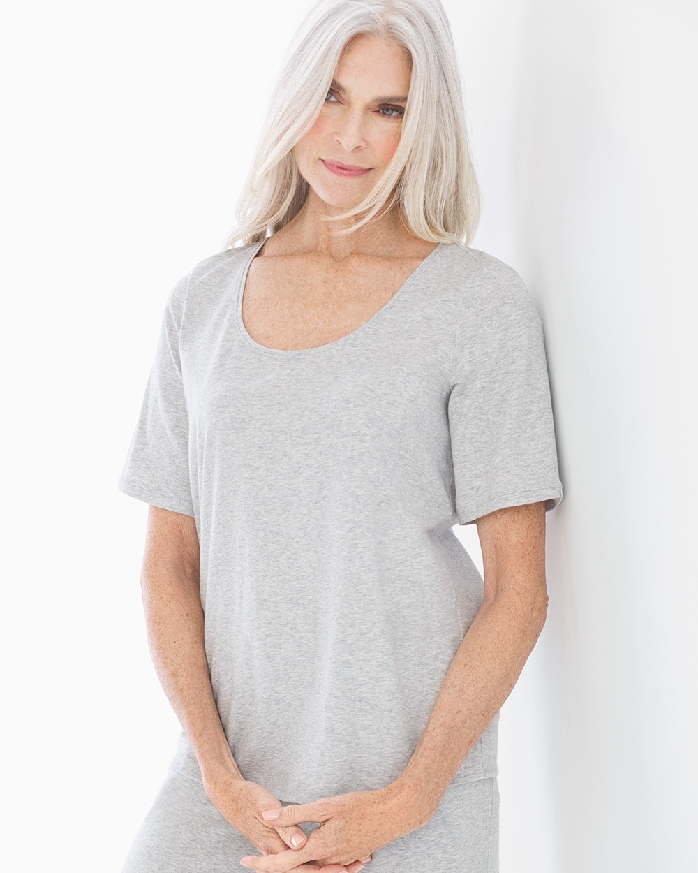 Cotton Blend Short Sleeve Pajama Top Heather Frost
