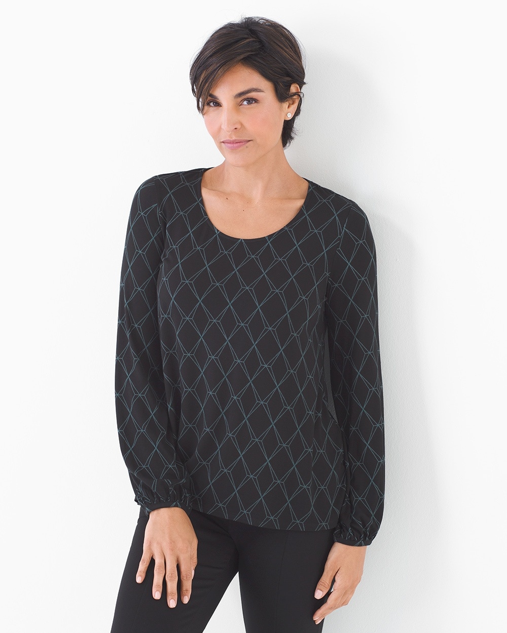 Soft Jersey Peasant Sleeve Top Quiet Geo Black