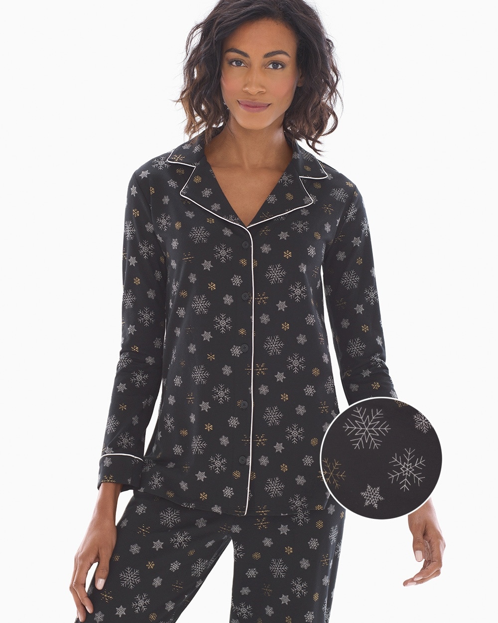 Embraceable Long Sleeve Notch Collar Pajama Top Snowfall Black