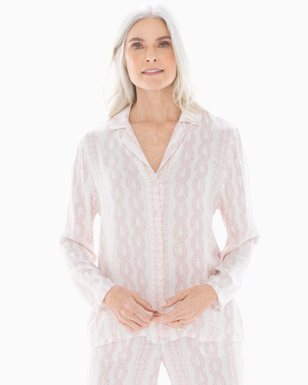 Light Nights Long Sleeve Notch Collar Pajama Top Cozy Cable Vintage Pink