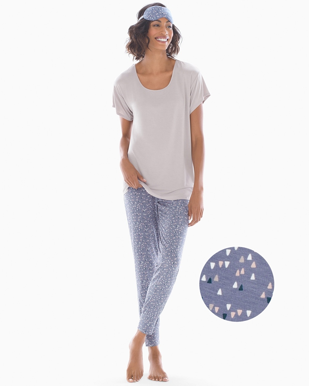 Cool Nights Short Sleeve Banded Ankle Pajama Set With Eye Mask Ditsy Trees with Opal
