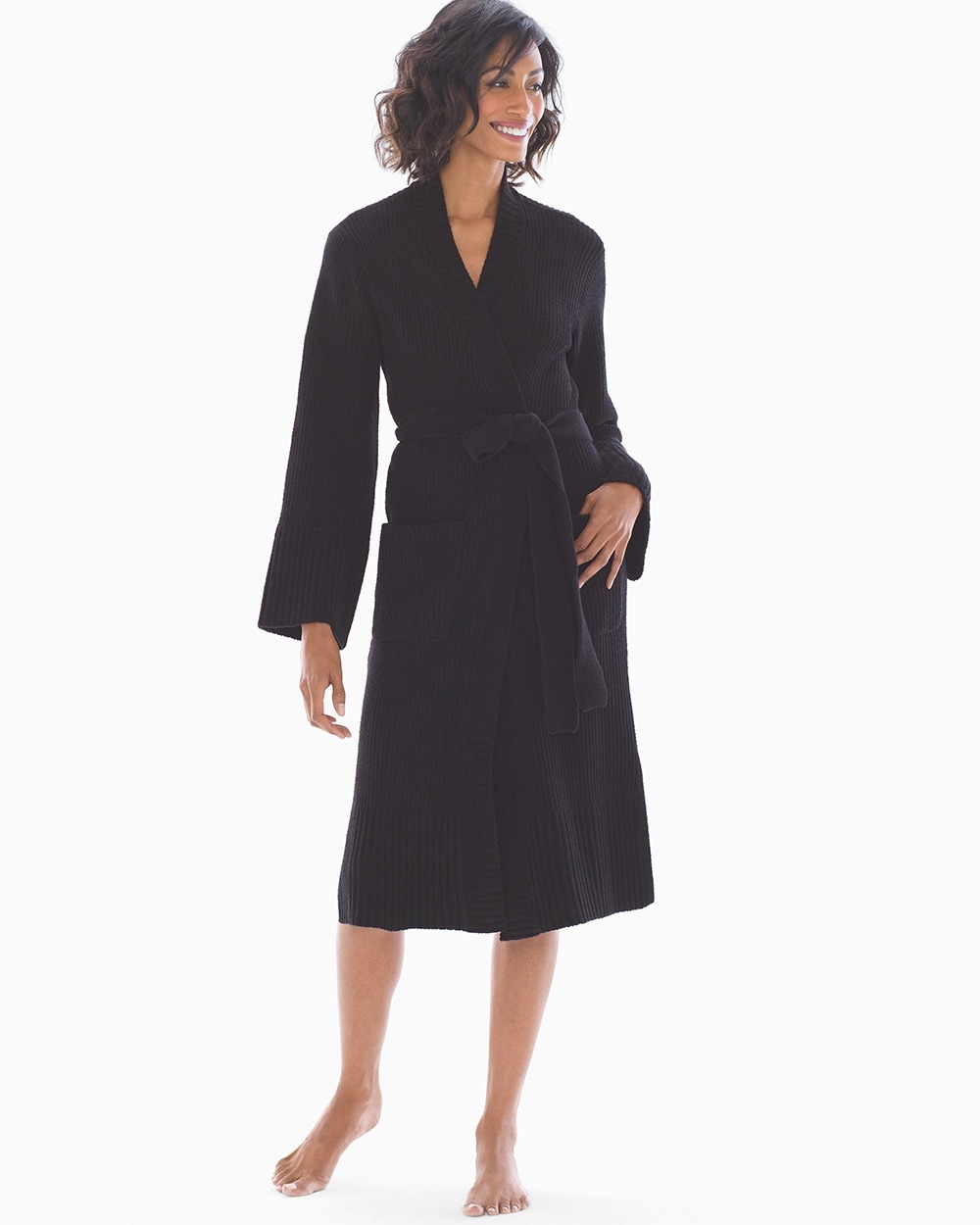 N by Natori Joie Ribbed Chenille Wrap Robe Black