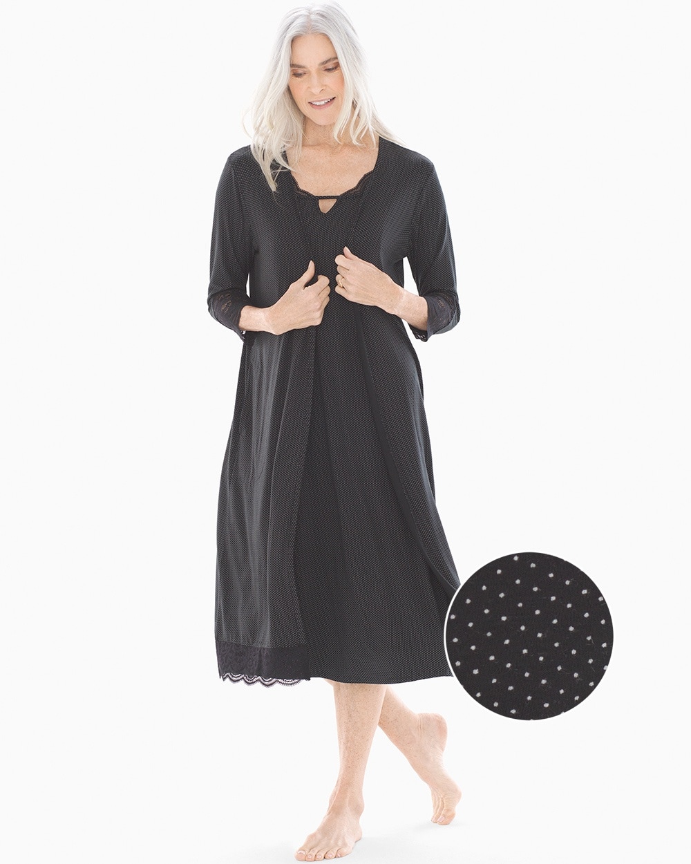 Cool Nights Lace Trim Duster Robe Micro Dot Black