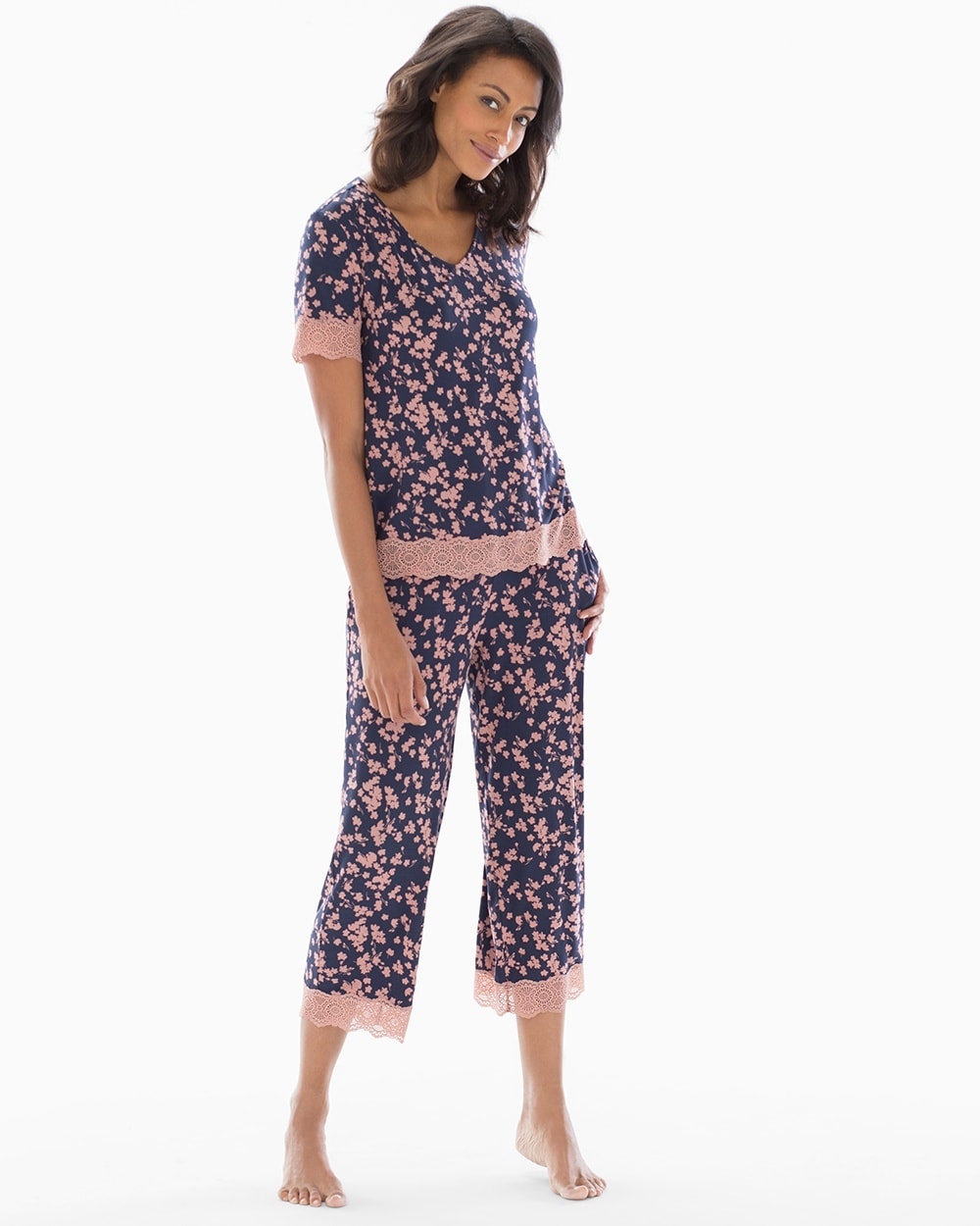 Cool Nights Lace Trim Short Sleeve Pajama Set Falling Floral Mini Navy
