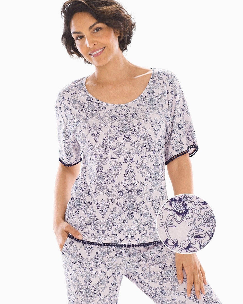 Cool Nights Pom Trim Short Sleeve Pajama Tee Springtime Scroll Lilac