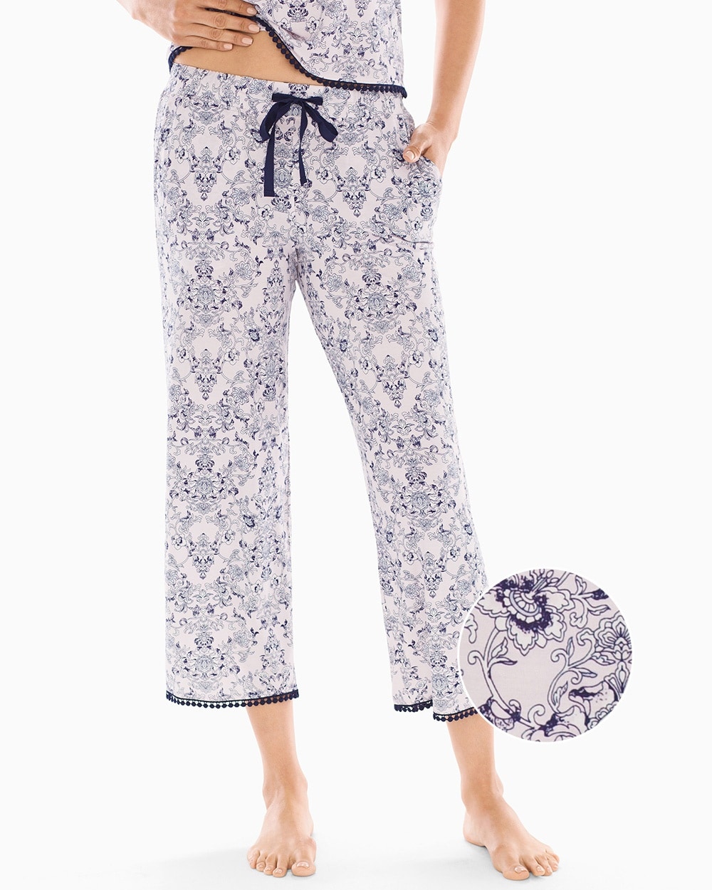 Cool Nights Pom Trim Crop Pajama Pants Springtime Scroll Lilac