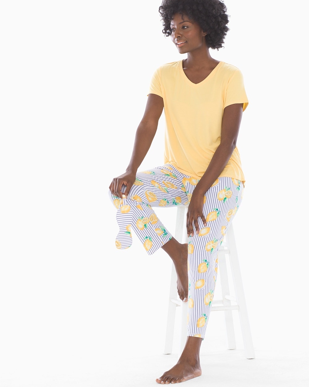 Cool Nights V-Neck Short Sleeve Ankle Length Pajama Set with Eyemask\u00A0Lemon Zest with Sunshine