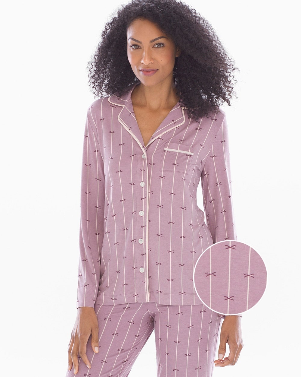 Cool Nights Long Sleeve Grosgrain Trim Notch Collar Pajama Top Bow Stripe Elderberry