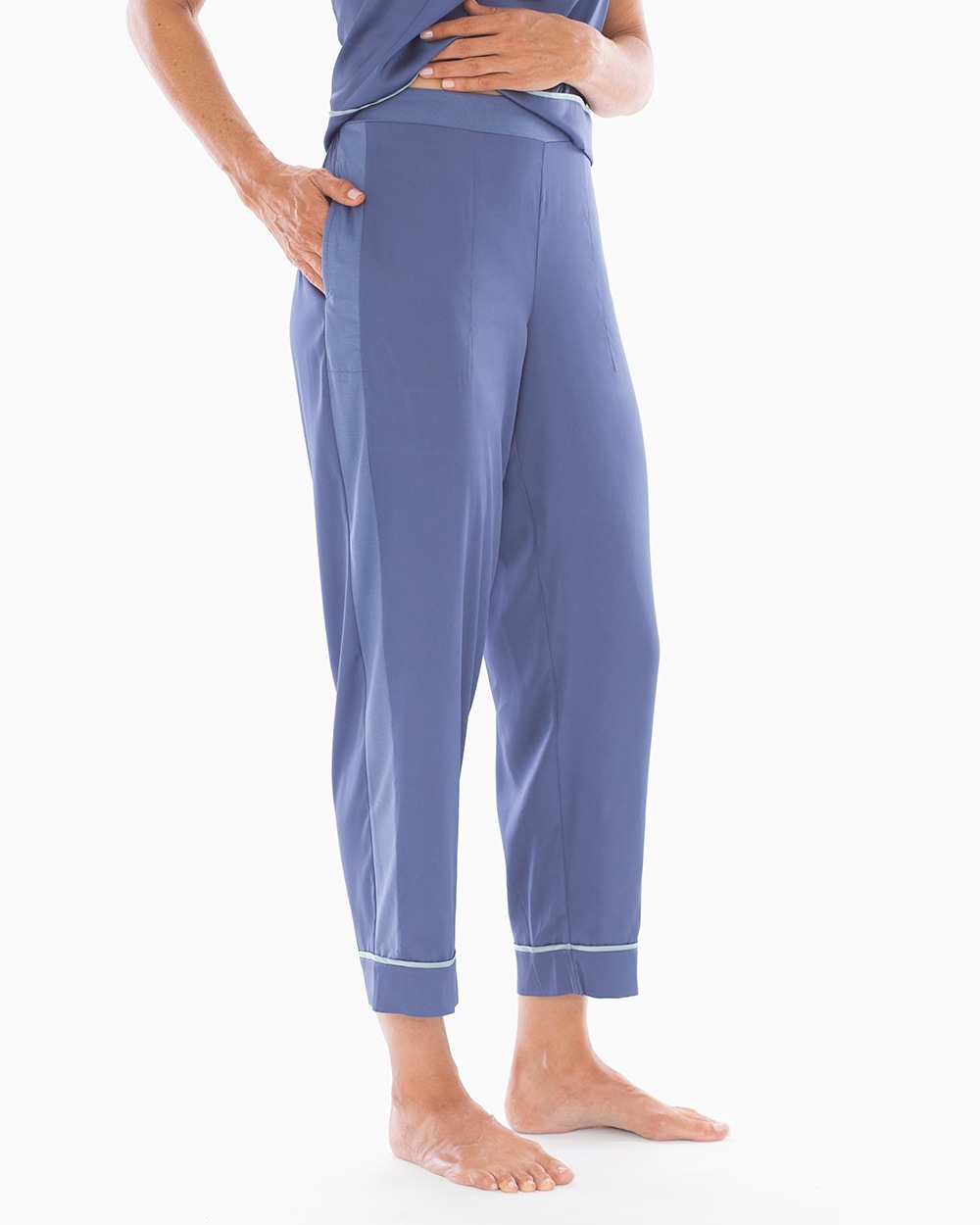 Stretch Satin with Cool Nights Trim Ankle Sleep Pants Grecian Blue
