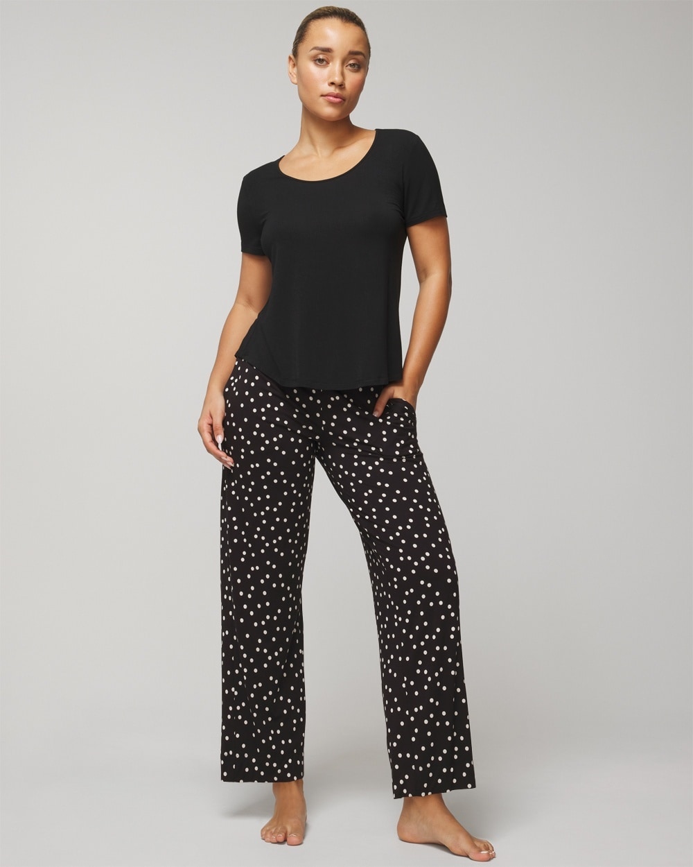 Soma Women's Cool Nights Short Sleeve Sleep Top + Pajama Pants Set In Black Size Small |  In Merry Dot Black/ivory