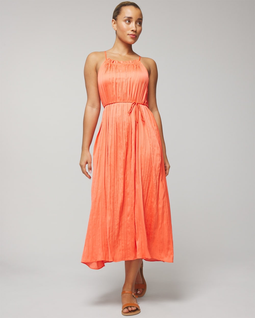 Soma Women's Satin Pleated Midi Sundress With Built-in Bra In Vivid Coral Size Xs |