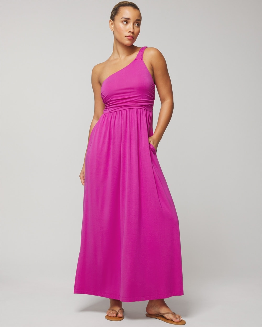 Soft Jersey One-Shoulder Knot Maxi Bra Dress