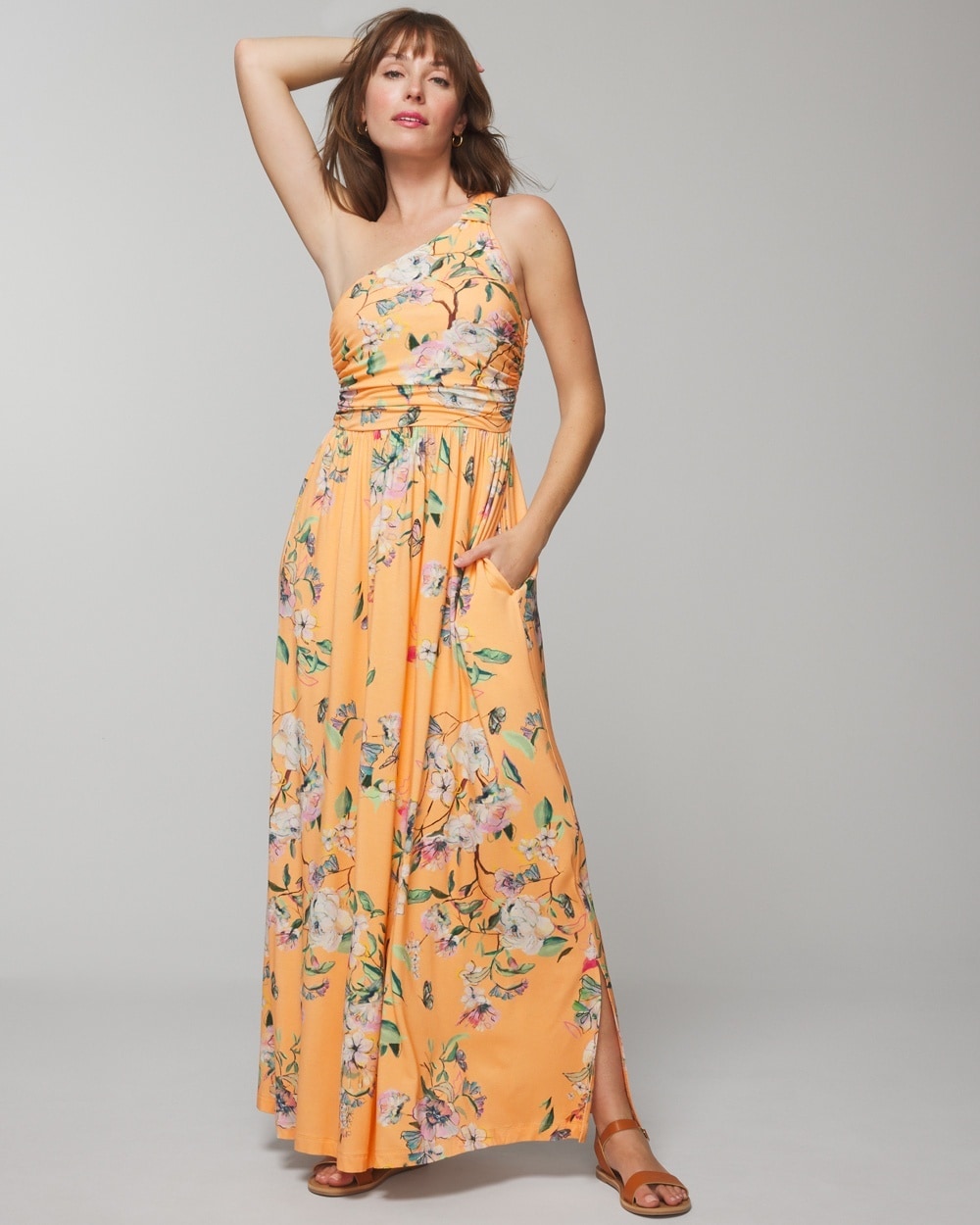 Soma Women's Soft Jersey One-shoulder Knot Maxi Sundress With Built-in Bra In Orange Floral Size Large |