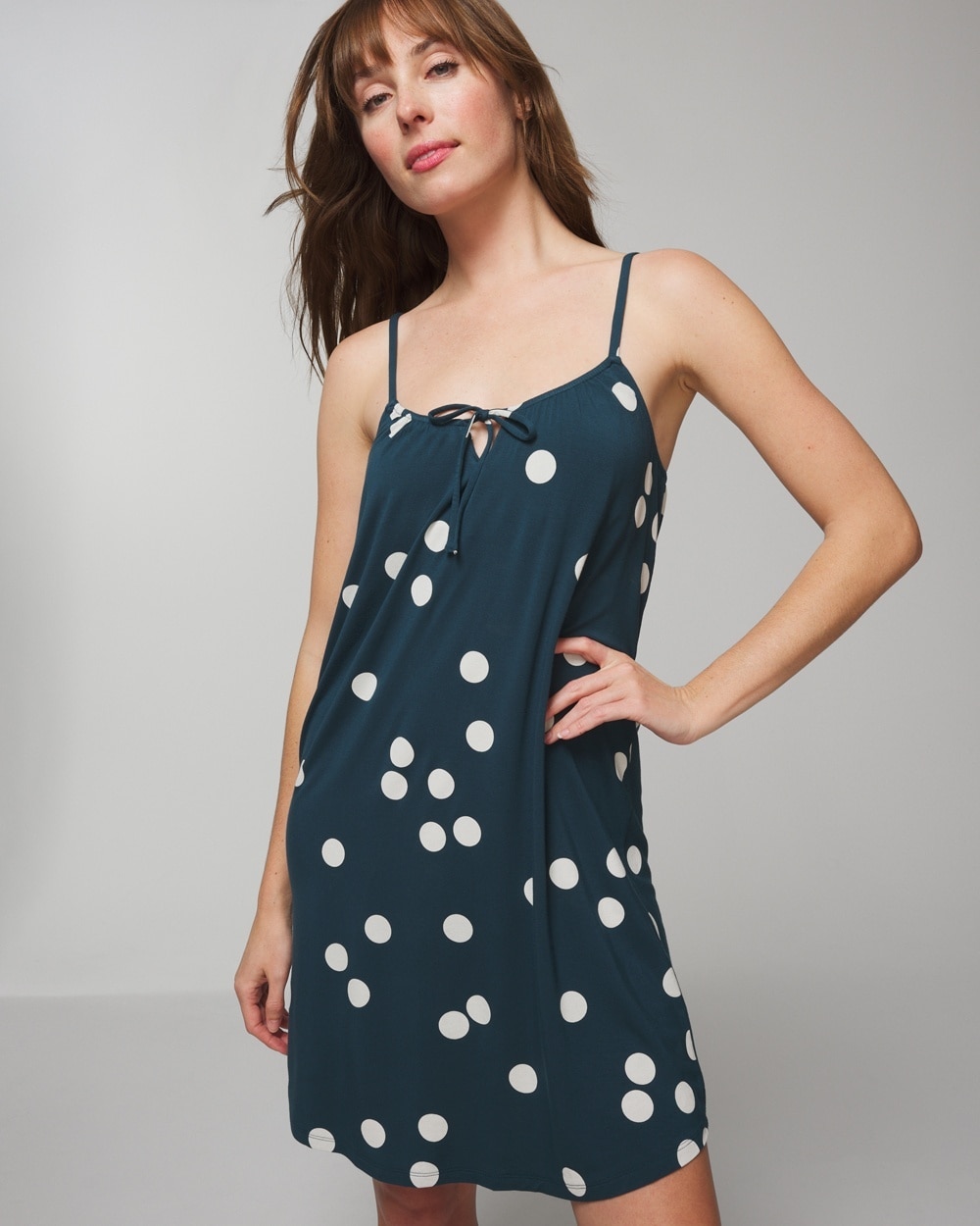 Soma Women's Cool Nights Tie-front Chemise In Teal Size Xs |  In Navy Polka Dot