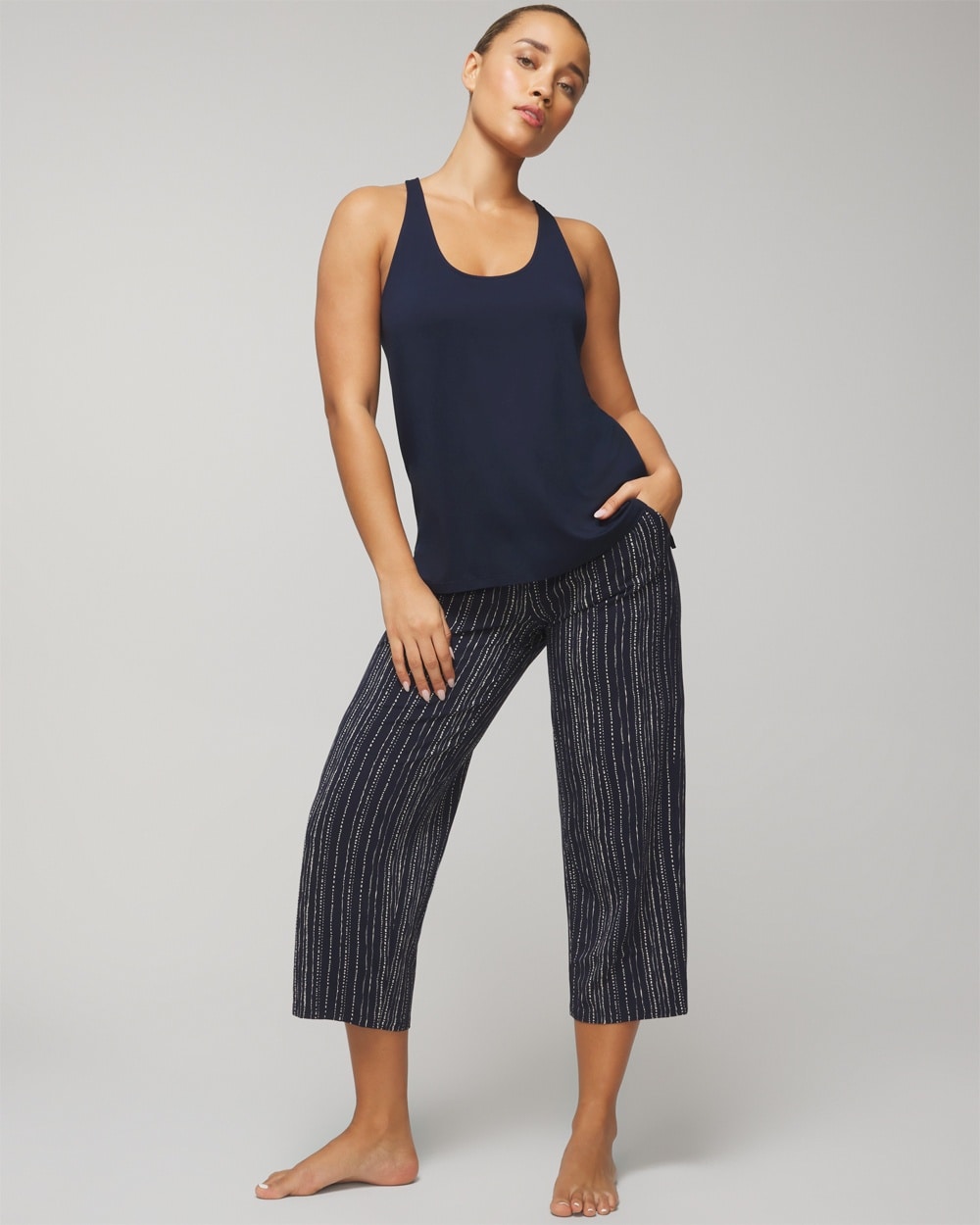 Soma Women's Cool Nights Sleep Tank Top + Crop Pajama Pants Set In Navy Blue Size Medium |  In Meandering Stripe V Navy