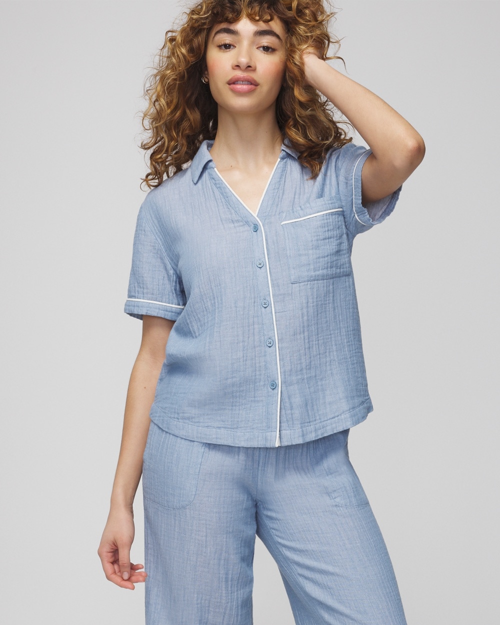 Cotton Gauze Short-Sleeve Notch Collar - WA