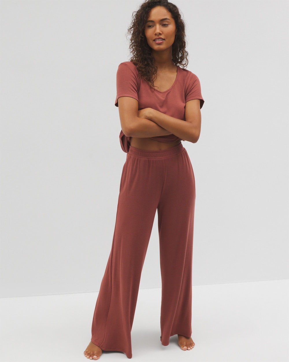 Lightweight Rib Knit Wide Leg Pajama Pants
