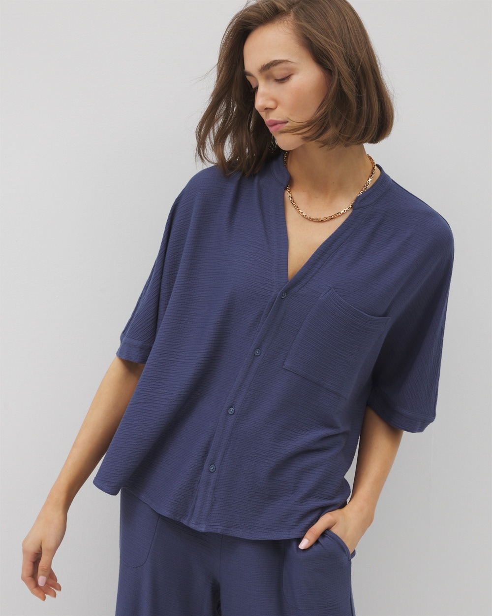 24/7 Crinkle Knit Relaxed Button-Up Top