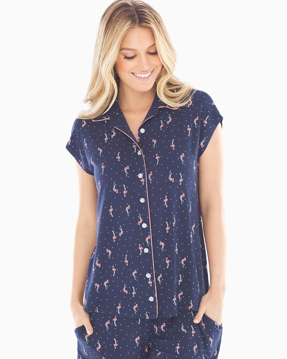 Cool Nights Cap Sleeve Notch Collar Pajama Top Tropic Flock Navy