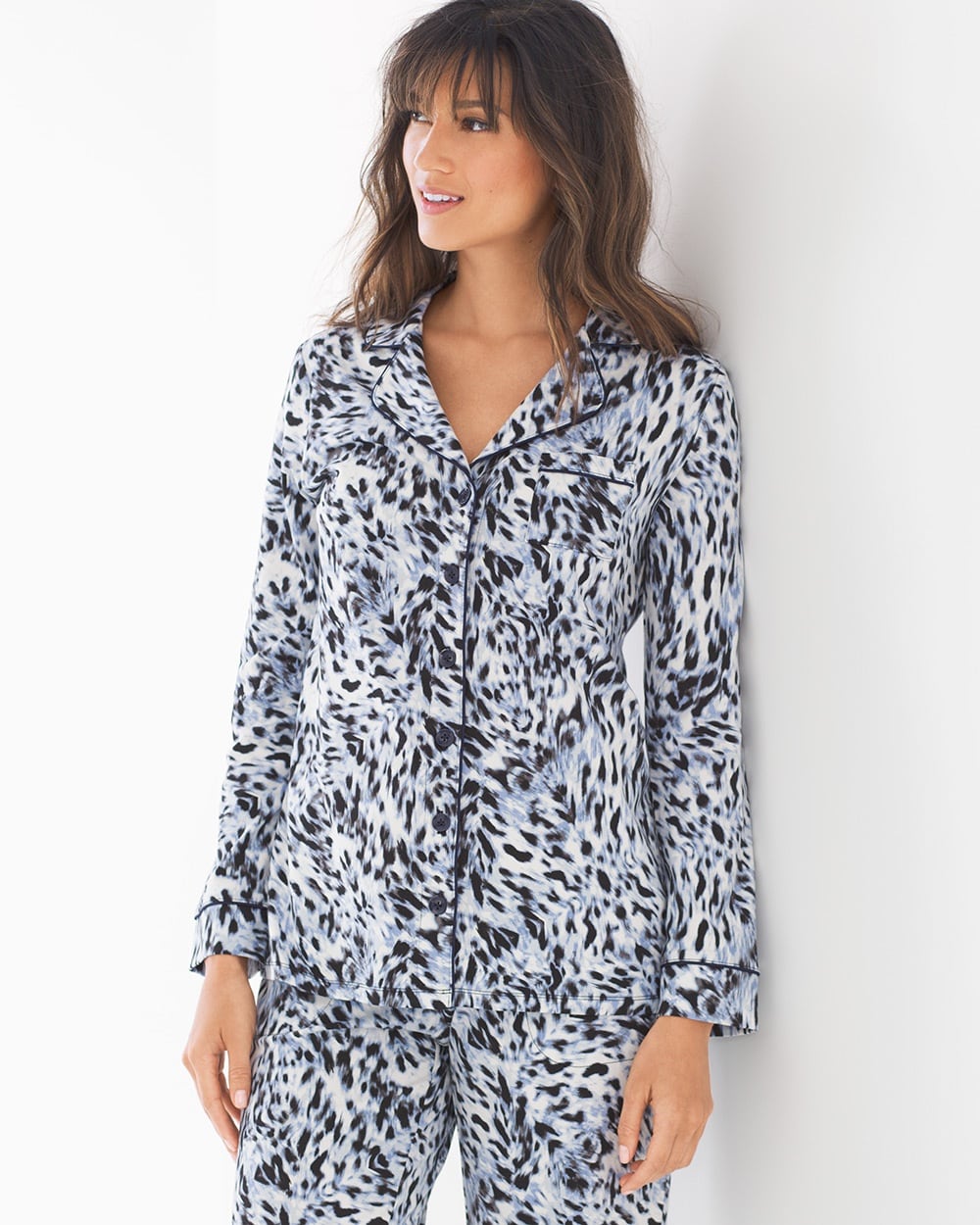 Embraceable Long Sleeve Notch Collar Pajama Top Textured Cat Pale Iris