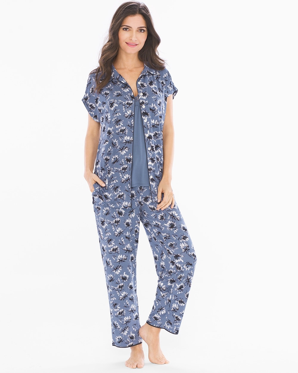 Cool Nights Cap Sleeve Notch Collar Pajama Top Bestowed Slate Blue