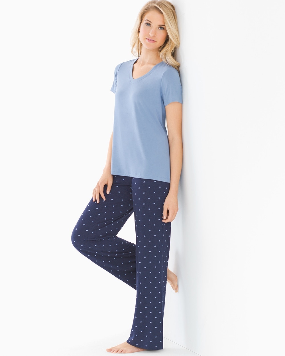 Cool Nights Short Sleeve Pajama Set Heart Dot Mini Blue Stone