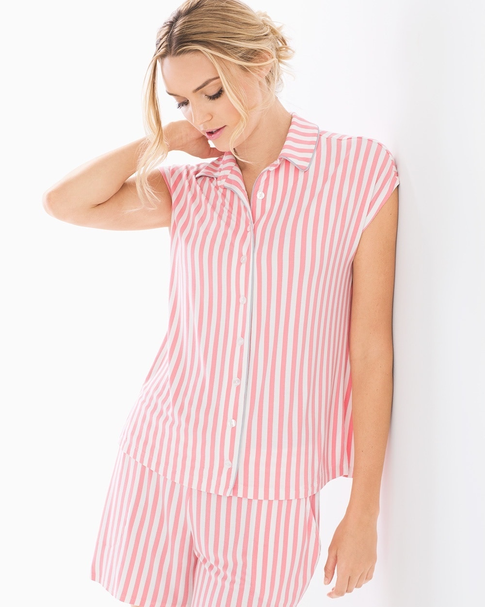 Cool Nights Cap Sleeve Notch Collar Pajama Top Relaxed Stripe Pink Icing