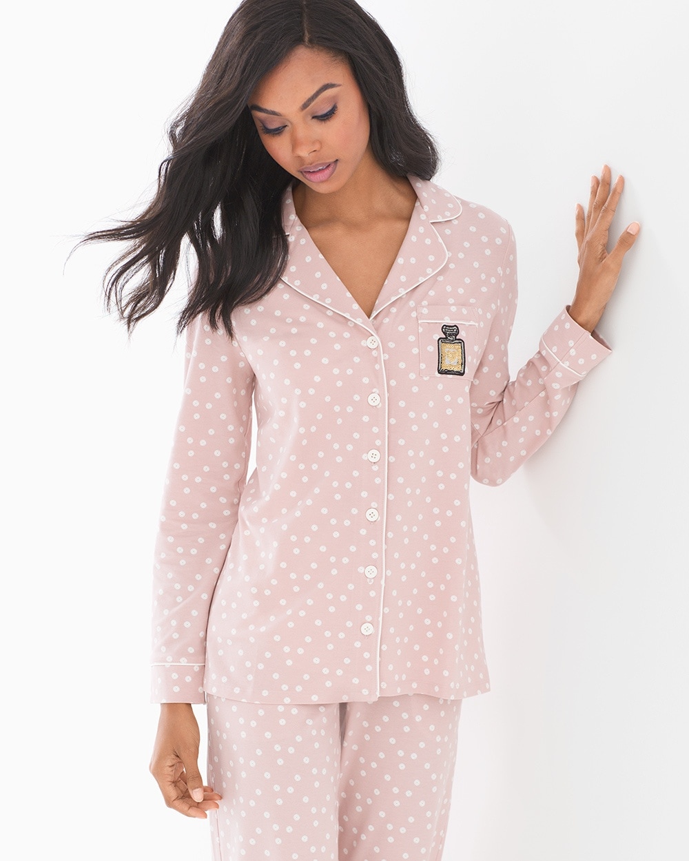 Embraceable Long Sleeve Notch Collar Pajama Top Sequins Vintage Pink
