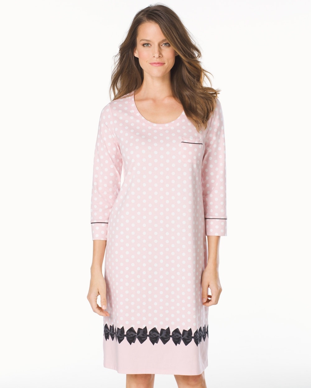 Embraceable 3/4 Sleeve Sleepshirt Big Dot Pink Bows Border