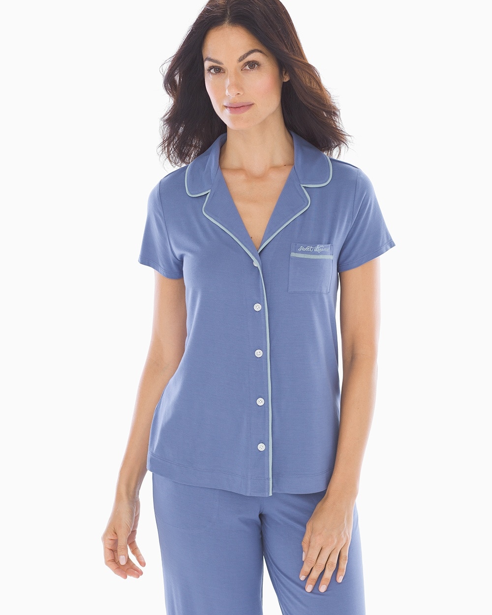 Cool Nights Short Sleeve Grosgrain Trim Notch Collar Pajama Top Grecian Blue