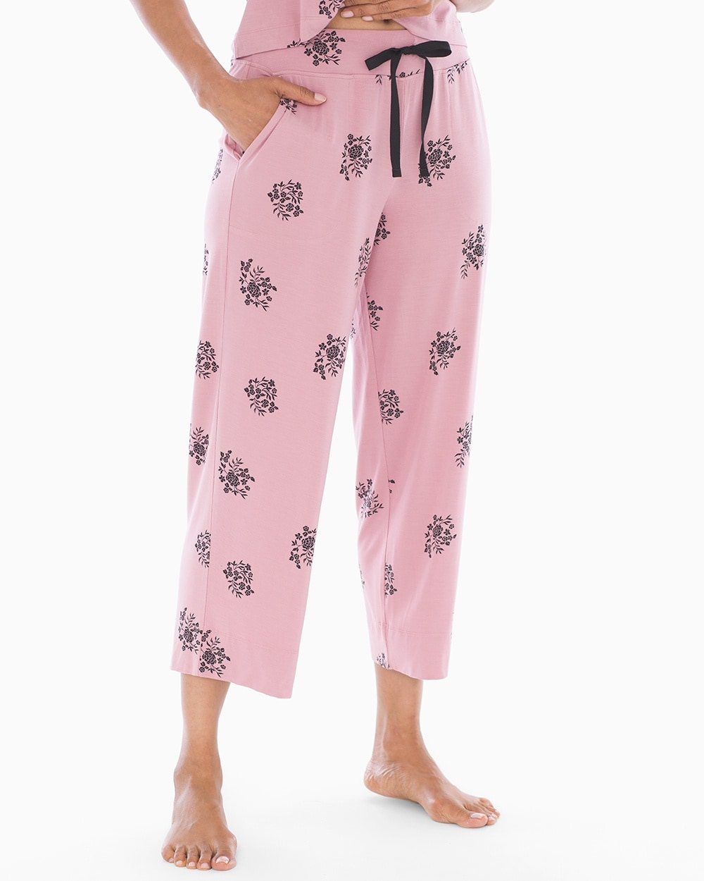 Cool Nights Grosgrain Trim Crop Pajama Pants Peaceful Floral Pink