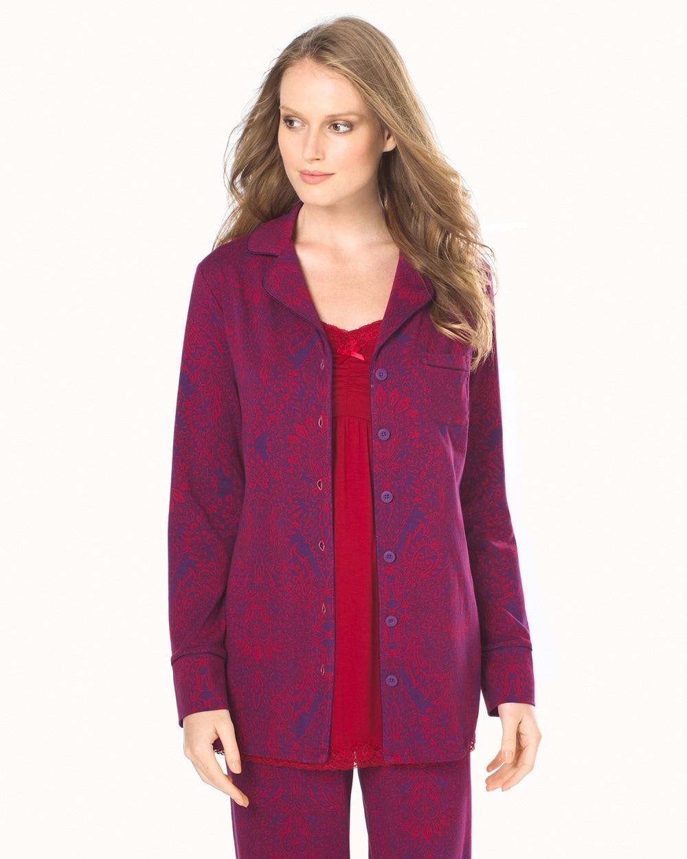 Embraceable Long Sleeve Notch Collar Pajama Top Mosaic Scroll Ruby