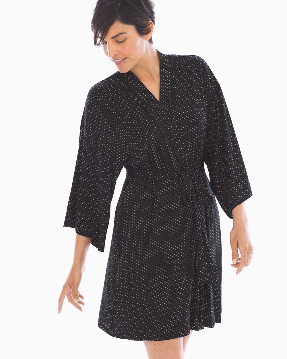 Cool Nights Kimono Sleeve Short Robe Little Dot Black