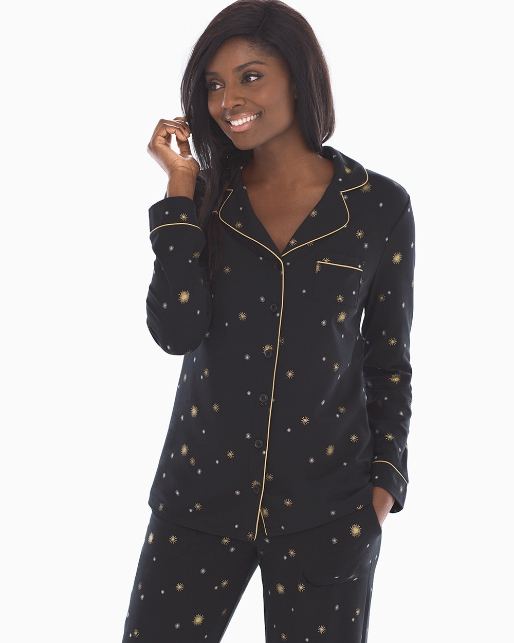 Embraceable Long Sleeve Notch Collar Pajama Top Star Bright Black